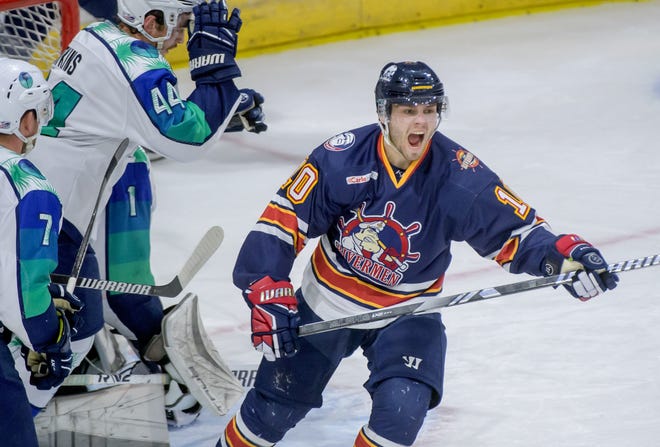 Peoria's Mathew Rehding celebrates his goal against Pensacola in the second period of Game 2 of the first round of the SPHL playoffs Saturday, April 13, 2024 at the Peoria Civic Center. The Rivermen advanced to the semifinals with a 6-1 victory.