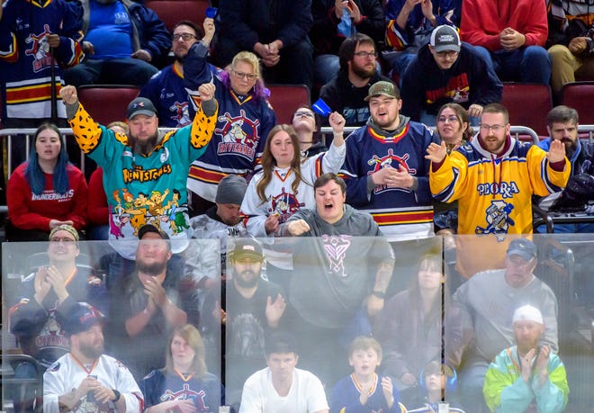 Fans share their emotions as the Rivermen battle the Evansville Thunderbolts in the second period of Game 2 of the SPHL President's Cup semifinals Friday, April 19, 2024 at the Peoria Civic Center.