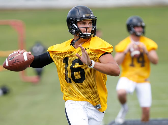 Quarterback Aidan O'Connell during football practice Wednesday, August 1, 2018, at Purdue.