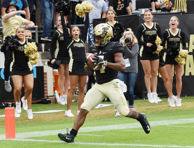 Rondale Moore of Purdue with his second touchdown of the first half against Boston College Saturday, September 22, 2018, in Ross-Ade Stadium.