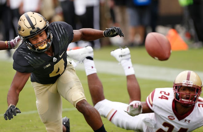 Rondale Moore of Purdue can’t come up with the catch on a pass in the second quarter against Boston College Saturday, September 22, 2018, in Ross-Ade Stadium. Purdue defeated Boston College 30-13.