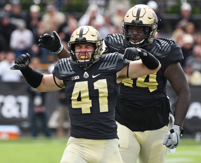 Jacob Thieneman reacts after sacking Boston College quarterback Anthony Brown in the first half Saturday, September 22, 2018, in Ross-Ade Stadium.