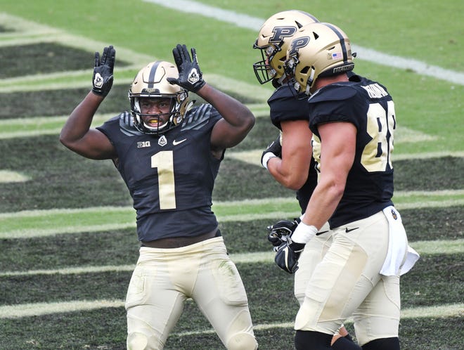 D. J. Knox of Purdue celebrates after his rushing touchdown in the first half against Boston College Saturday, September 22, 2018, in Ross-Ade Stadium.