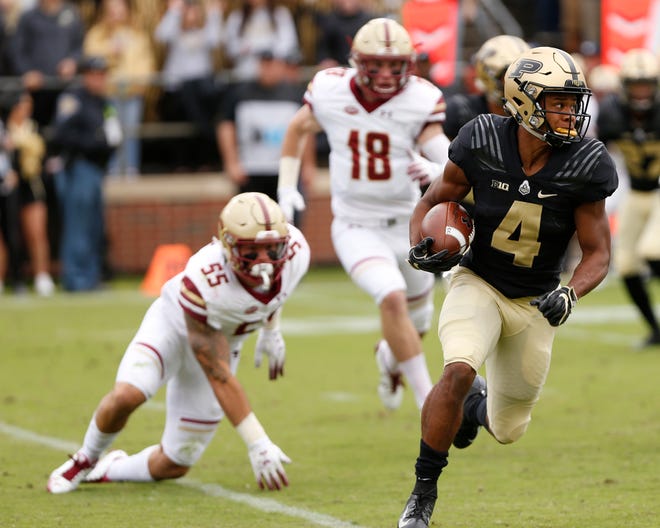 Rondale Moore of Purdue on a first half kick return against Boston College Saturday, September 22, 2018, in Ross-Ade Stadium.