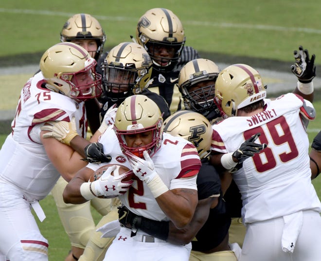 Boston College running back AJ Dillion is stacked up at the line of scrimmage in Purdue's 30-13 win in West Lafayette on Saturday September 22, 2018.