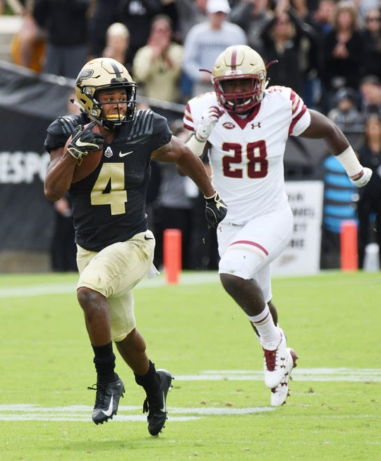 Rondale Moore of Purdue out runs John Lamot of Boston College on a first half touchdown reception Saturday, September 22, 2018, in Ross-Ade Stadium.