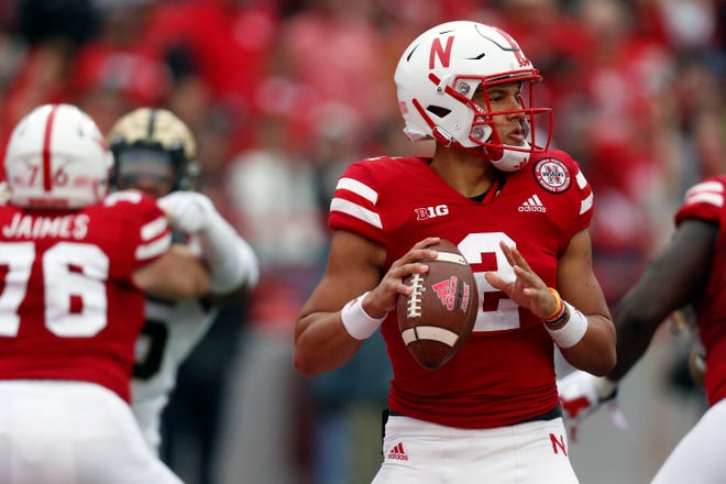 Sep 29, 2018; Lincoln, NE, USA; Nebraska Cornhuskers quarterback Adrian Martinez (2) looks to throw against the Purdue Boilermakers in the first half at Memorial Stadium. Mandatory Credit: Bruce Thorson-USA TODAY Sports
