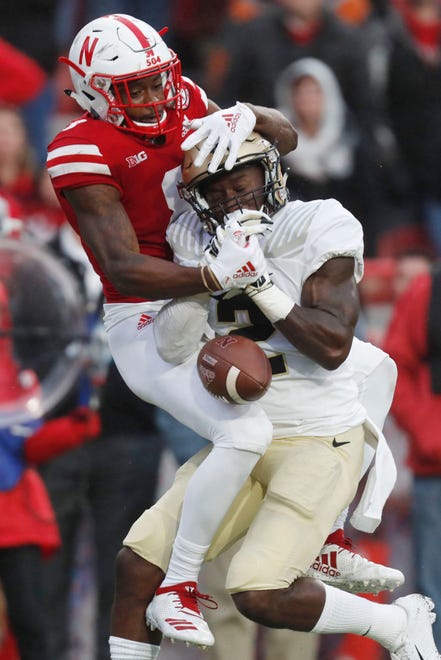 Sep 29, 2018; Lincoln, NE, USA; Purdue Boilermakers cornerback Kenneth Major (2) breaks up a pass in the end zone intended for Nebraska Cornhuskers wide receiver Stanley Morgan Jr. (8) in the second half at Memorial Stadium. Purdue won 42-28. Mandatory Credit: Bruce Thorson-USA TODAY Sports