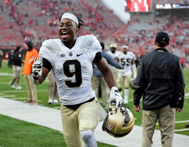Purdue wide receiver Terry Wright (9) celebrates as he leaves the field following an NCAA college football game against Nebraska in Lincoln, Neb., Saturday, Sept. 29, 2018. Purdue won 42-28. (AP Photo/Nati Harnik)