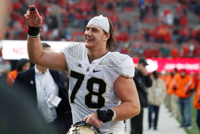 Sep 29, 2018; Lincoln, NE, USA; Purdue Boilermakers left tackle Grant Hermanns (78) gestures after defeating the Nebraska Cornhuskers at Memorial Stadium. Purdue won 42-28. Mandatory Credit: Bruce Thorson-USA TODAY Sports