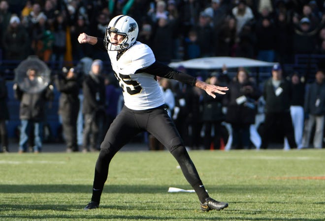 Nov 9, 2019; Evanston, IL, USA; Purdue Boilermakers place kicker J.D. Dellinger (85) reacts after hitting the game winning field goal against the Northwestern Wildcats during the second half at Ryan Field. Mandatory Credit: David Banks-USA TODAY Sports